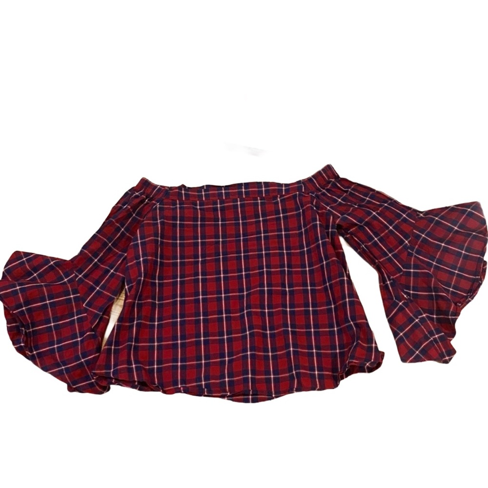 Red Plaid Off-Shoulder Flutter Sleeve Blouse M